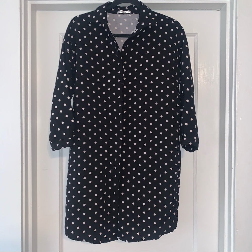 In Fashion Dress Womens Medium M Black White Polka Dot Button Up Long Sleeve